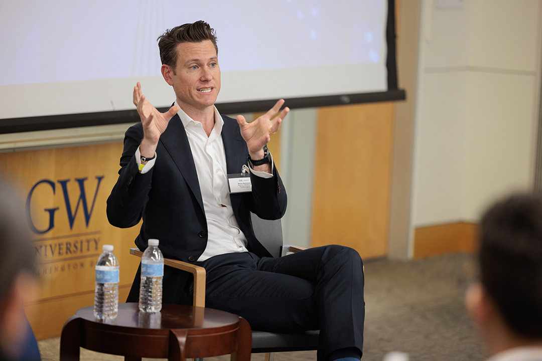 Aron Kershner, B.B.A. '05, was the keynote speaker at the GW Investment Institute's annual quant investing conference on March 24. (photo: William Atkins/GW Today)
