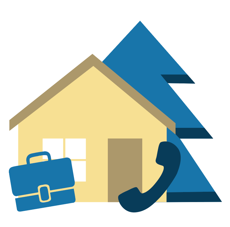 graphic shows multiple elements stacked on top of each other: a tree representing the environment, a home representing community, a briefcase representing business, and a phone representing social media