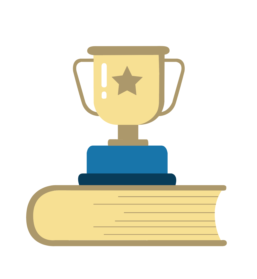 graphic design image of a trophy sitting on top of a book