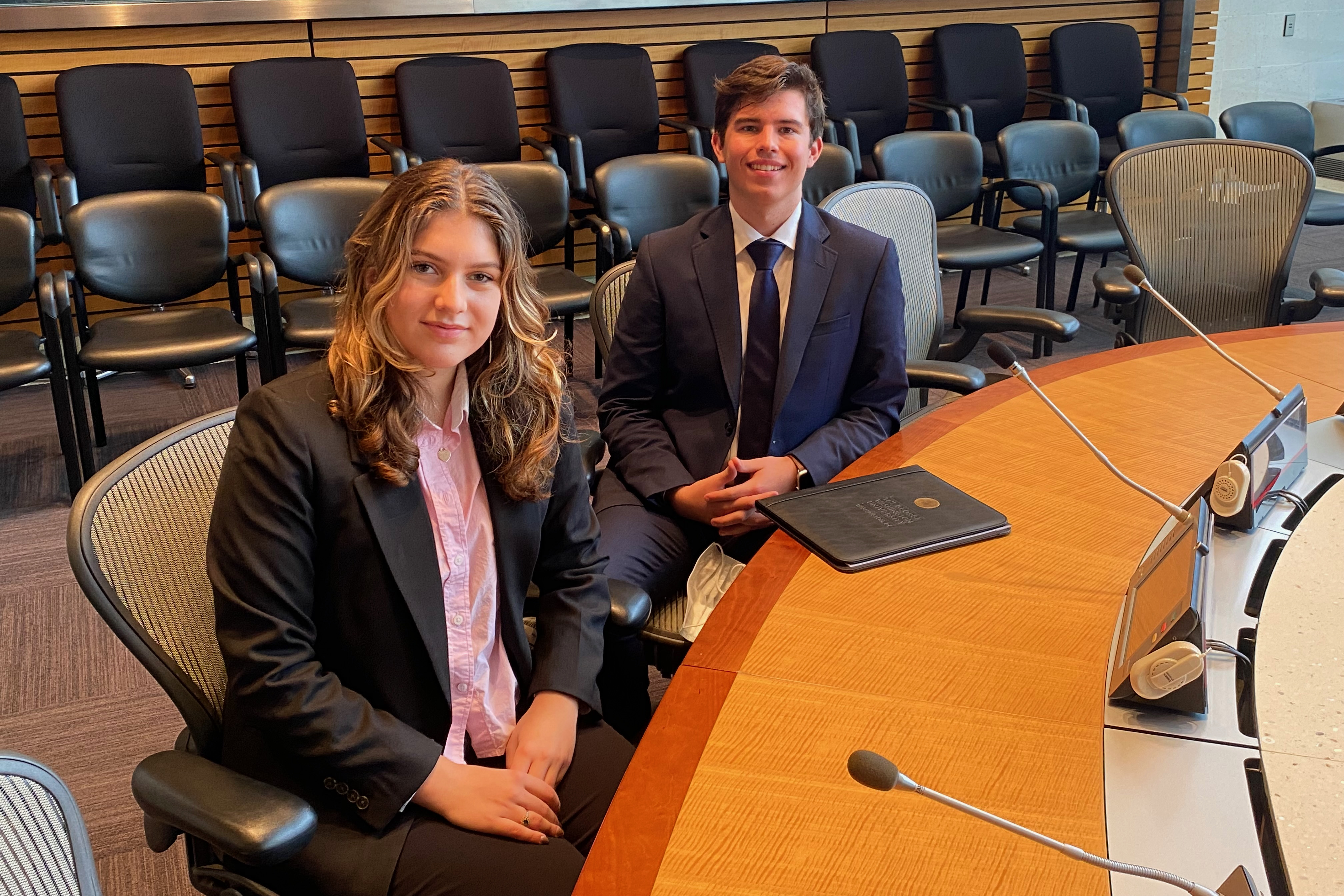 First-year international business students Soleil Lech (l) and Patrick Papé initiated a discussion on international development at the World Bank headquarters. (Nick Erickson/GW Today)