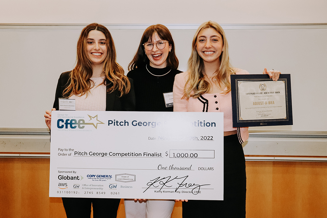 GW students Myrto Aikaterini Kontoleon (l), Elizabeth Paul and Camryn Baum won top prize in the New Venture Track of the Pitch George Competition. Team members Ornella Libi and Maria Camila Torres are not pictured. (Photo by Lena Ebadi) 