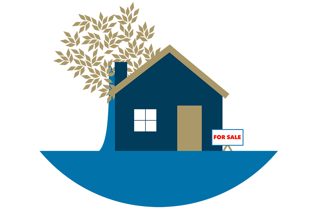 graphic design icon shows a house with a tree in the background