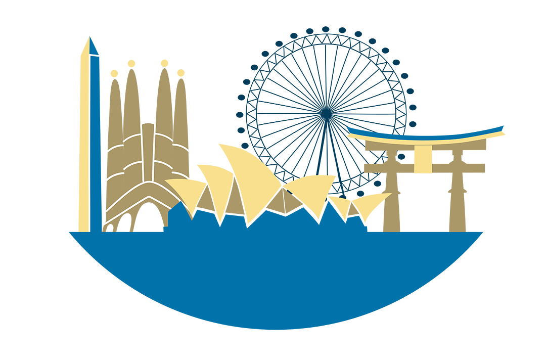 graphic design image shows several recognizable world landmarks together in one composite image