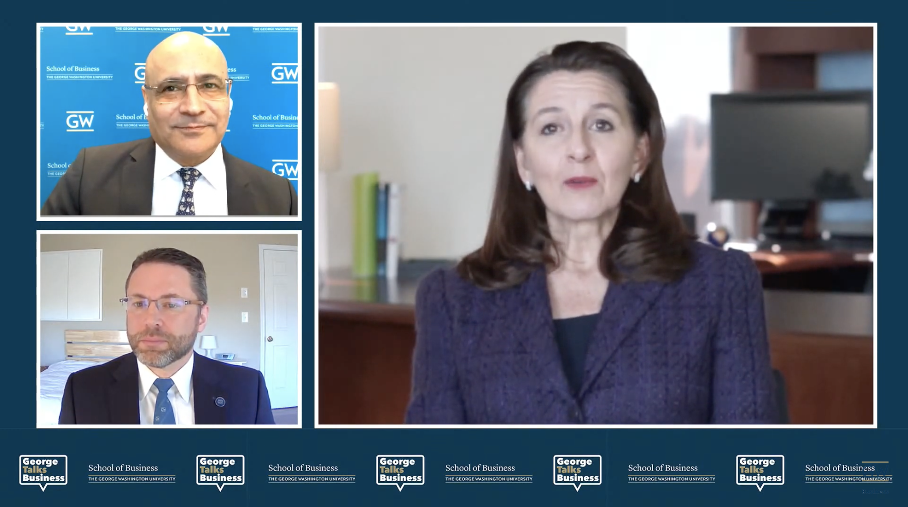 Dr. Anuj Mehrotra, dean of the GW School of Business, and Dr. John Lach, dean of the GW School of Engineering, interview Kathy J. Warden, MBA ’99