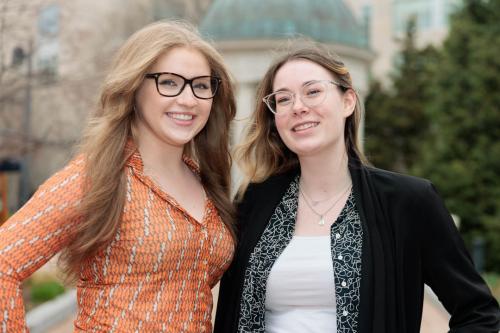 GW students Emily Morris, left, and Kate Dressel. They are the co-chairs of the 2022 GWWIB Spring Conference.
