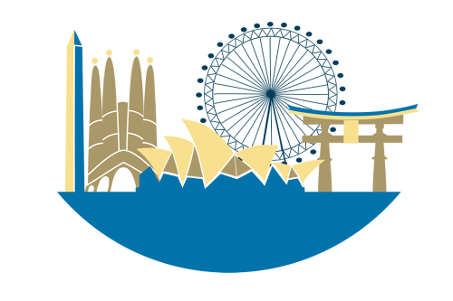 graphic design image shows several recognizable world landmarks together in one composite image