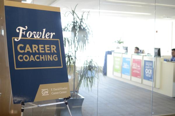 looking through glass doors into the Fowler Career Center suite at the School of Business